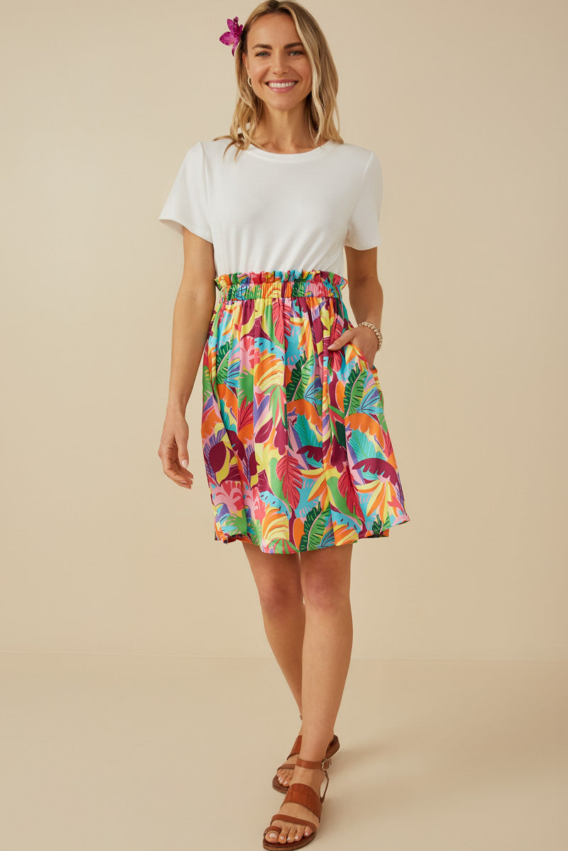 HY8267 Off White Womens Tropical Satin Chiffon Mixed Media Dress Full Body