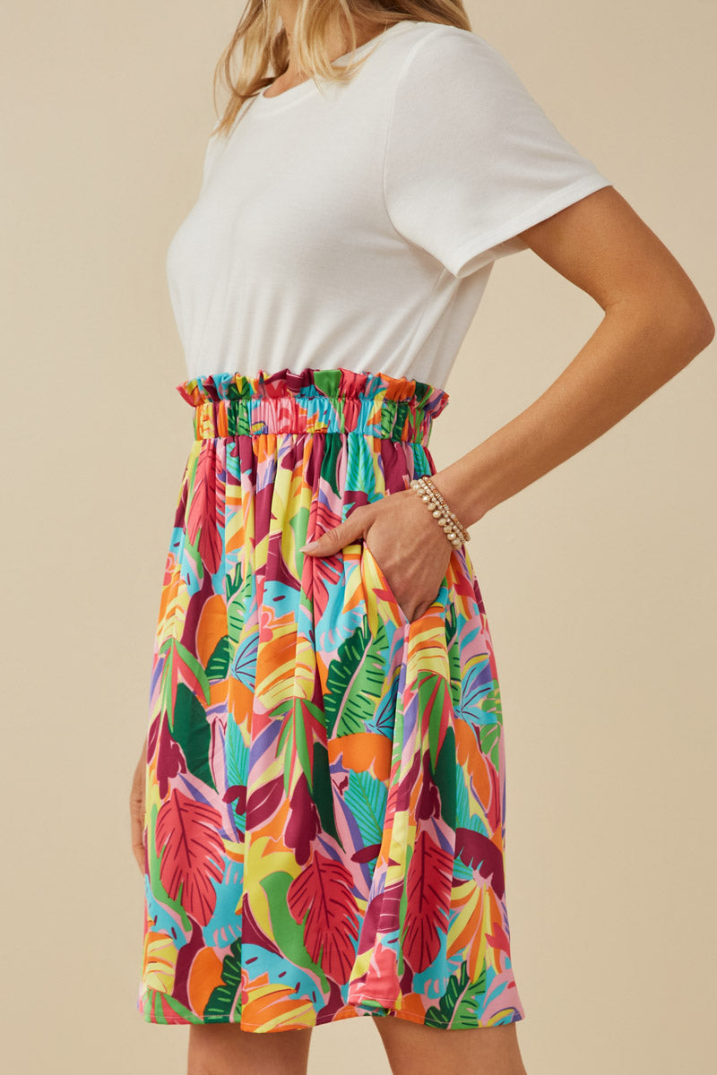 HY8267 Off White Womens Tropical Satin Chiffon Mixed Media Dress Side