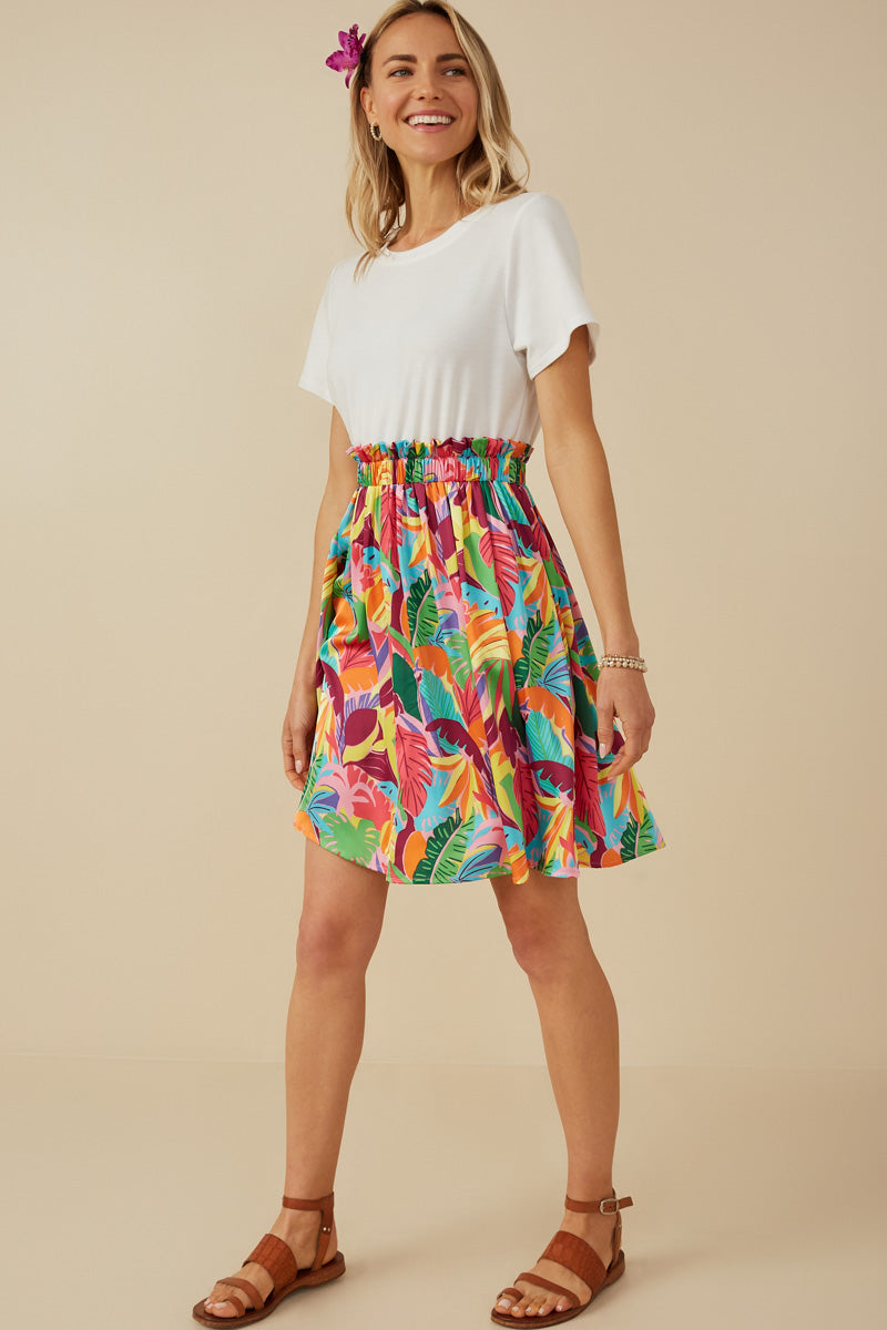 HY8267 Off White Womens Tropical Satin Chiffon Mixed Media Dress Full Body 2