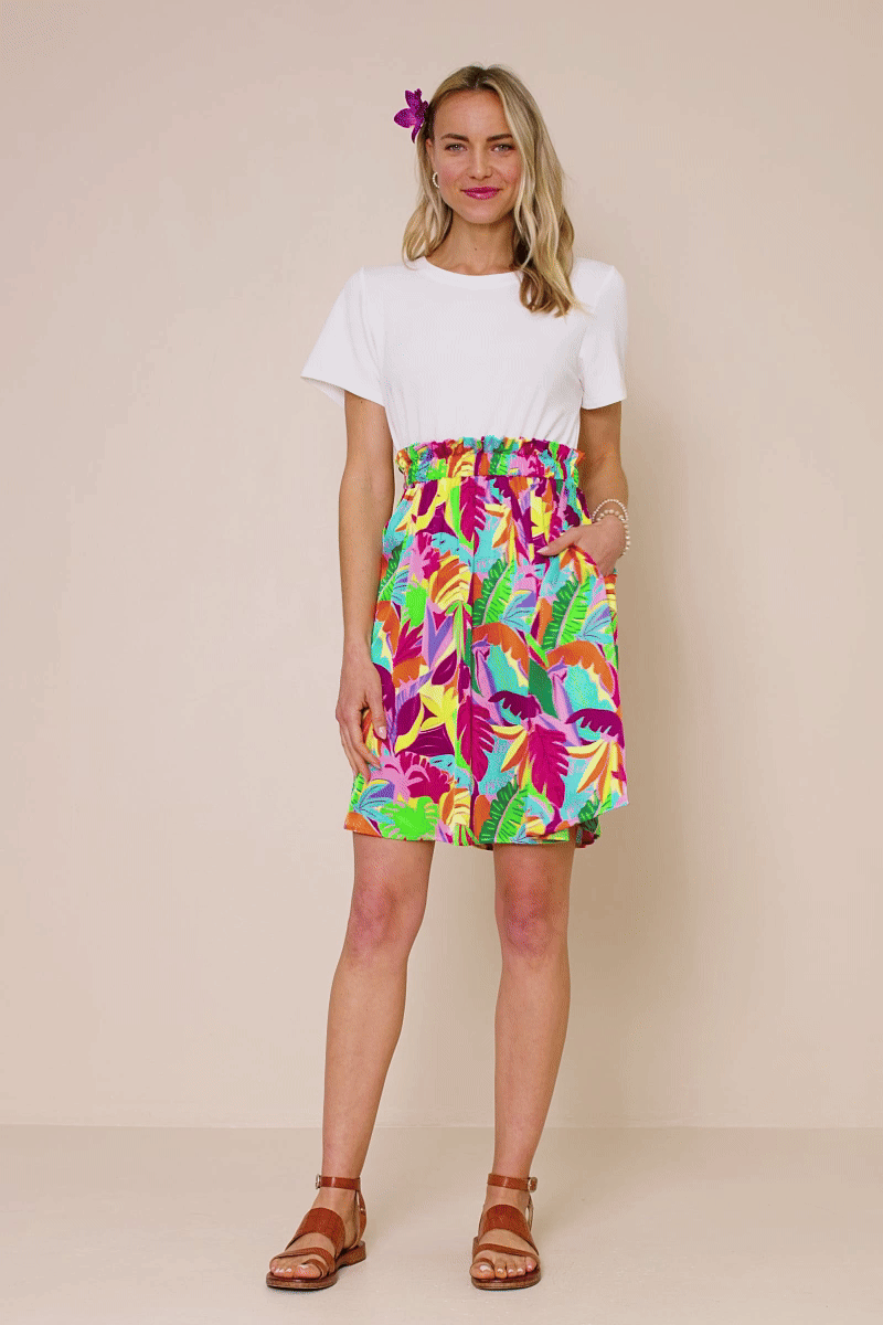 HY8267 Off White Womens Tropical Satin Chiffon Mixed Media Dress Gif