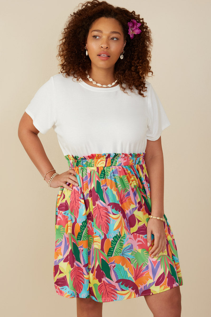 Tropical Satin Chiffon Mixed Media Dress