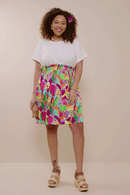 HY8267W Off White Plus Tropical Satin Chiffon Mixed Media Dress Gif