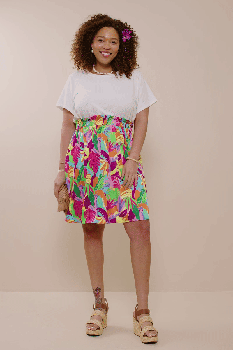 HY8267W Off White Plus Tropical Satin Chiffon Mixed Media Dress Gif