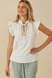 HY8271 Off White Womens Embroidered Tape Detail Ruffled Tank Front