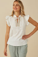 HY8271 Off White Womens Embroidered Tape Detail Ruffled Tank Front