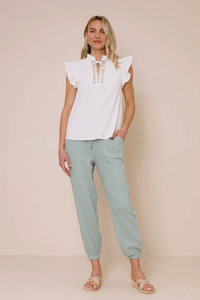 HY8271 Off White Womens Embroidered Tape Detail Ruffled Tank Gif