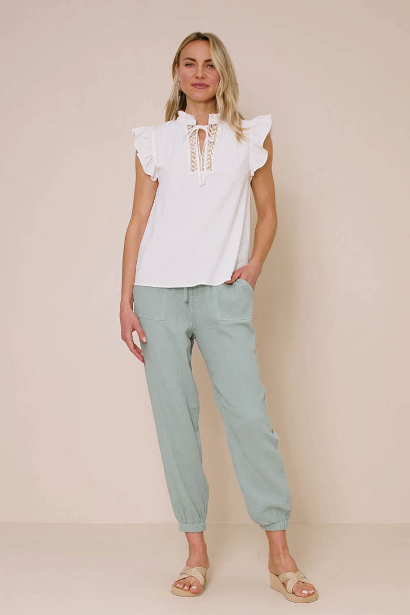 HY8271 Off White Womens Embroidered Tape Detail Ruffled Tank Gif