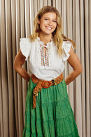 HY8271 Off White Womens Embroidered Tape Detail Ruffled Tank Editorial