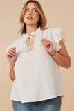 HY8271W Off White Plus Embroidered Tape Detail Ruffled Tank Front