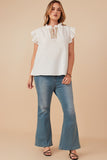 HY8271W Off White Plus Embroidered Tape Detail Ruffled Tank Full Body