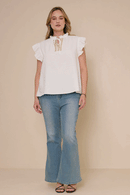 HY8271W Off White Plus Embroidered Tape Detail Ruffled Tank Gif