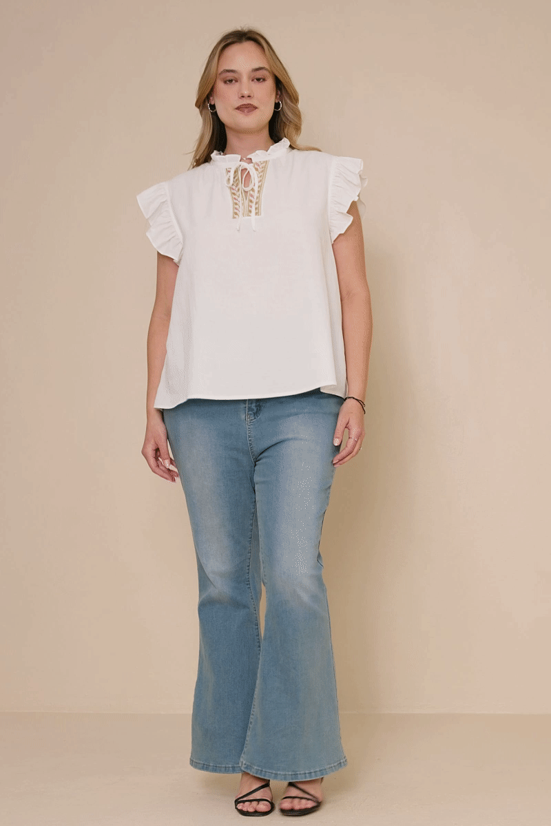 HY8271W Off White Plus Embroidered Tape Detail Ruffled Tank Gif