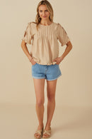 HY8279 Taupe Womens Pintuck Detail Open Sleeve Ruffled Top Gif