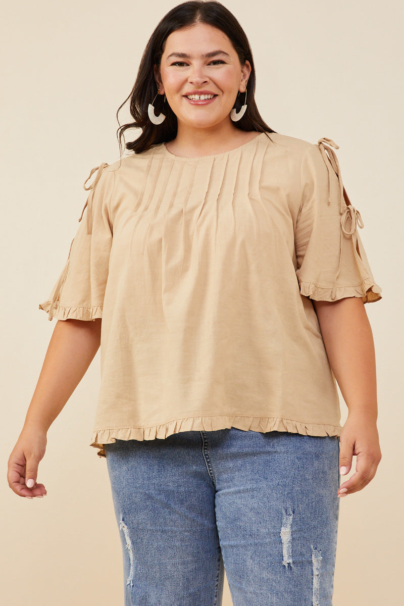 Pintuck Detail Open Sleeve Ruffled Top