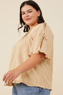 HY8279W Taupe Plus Pintuck Detail Open Sleeve Ruffled Top Gif