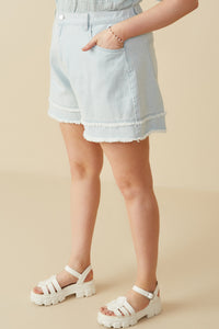 HY8280W Light Denim Plus Fray Detail Illusion Hem Denim Shorts Detail