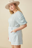 HY8280W Light Denim Plus Fray Detail Illusion Hem Denim Shorts Side