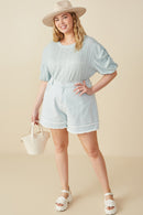 HY8280W Light Denim Plus Fray Detail Illusion Hem Denim Shorts Full Body