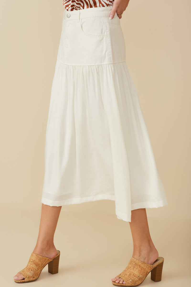HY8281 Off White Womens Mix Media Denim Midi Skirt Side