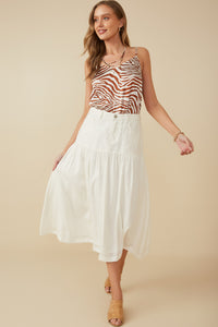 HY8281 Off White Womens Mix Media Denim Midi Skirt Front