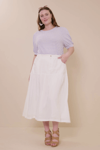 HY8281W Off White Plus Mix Media Denim Midi Skirt Gif