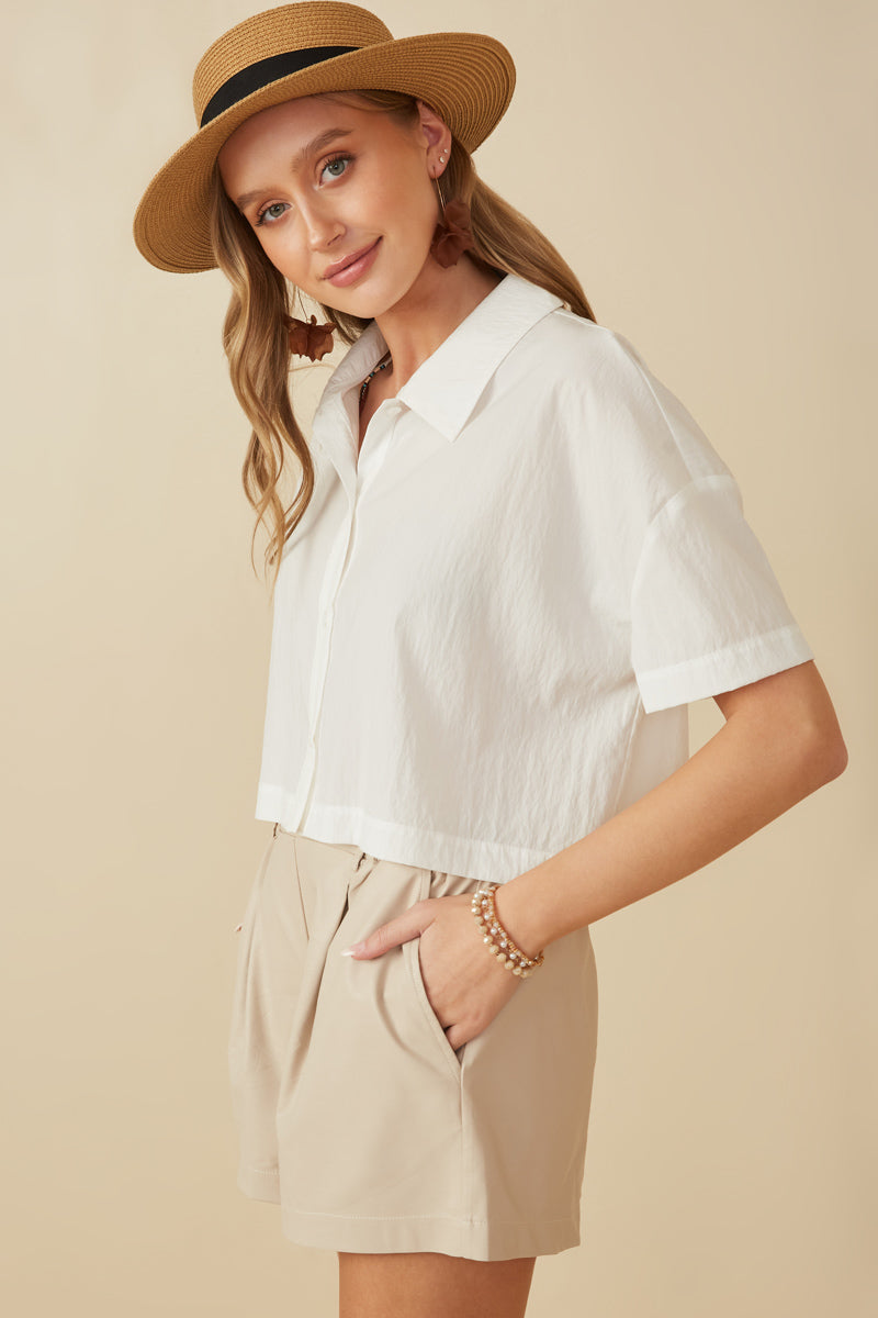 HY8304 Off White Womens Textured Boxy Fit Cropped Button Up Shirt Full Body