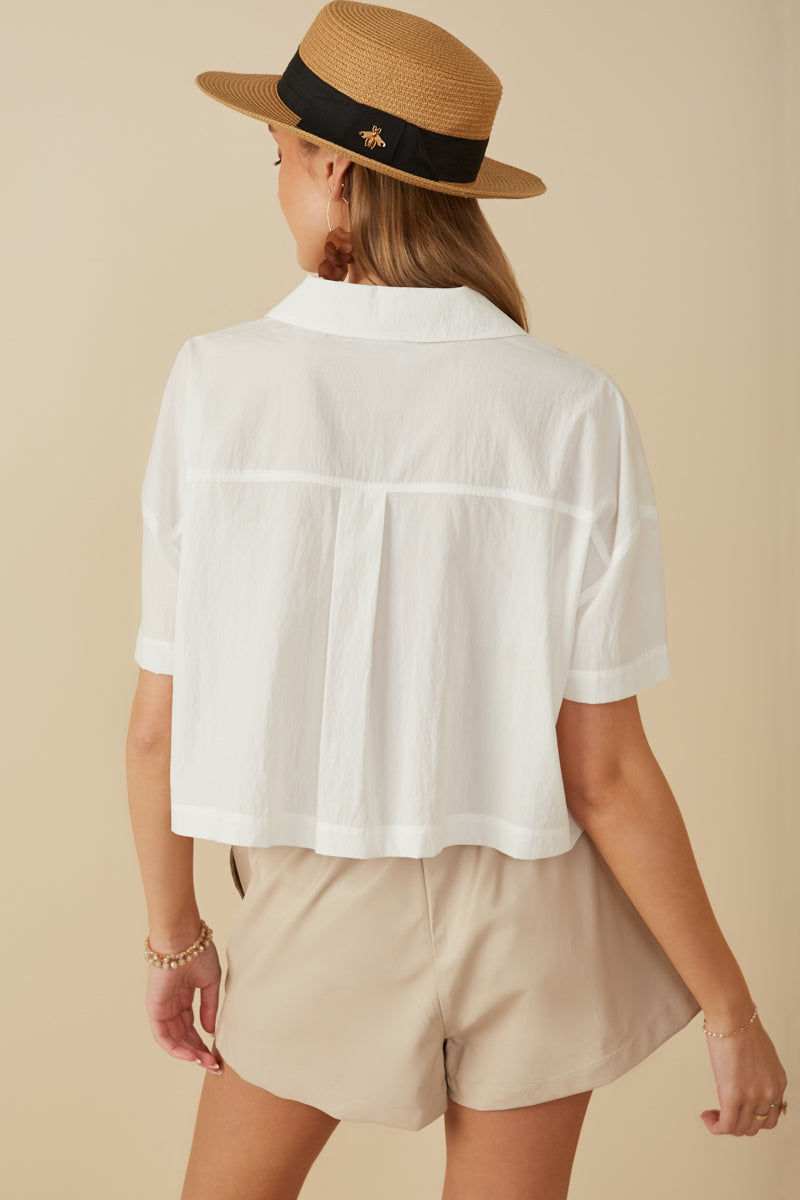 HY8304 Off White Womens Textured Boxy Fit Cropped Button Up Shirt Side