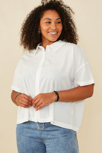 HY8304W Off White Plus Textured Boxy Fit Cropped Button Up Shirt Front