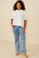 HY8304 Off White Womens Textured Boxy Fit Cropped Button Up Shirt Back