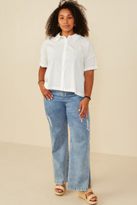 HY8304 Off White Womens Textured Boxy Fit Cropped Button Up Shirt Back