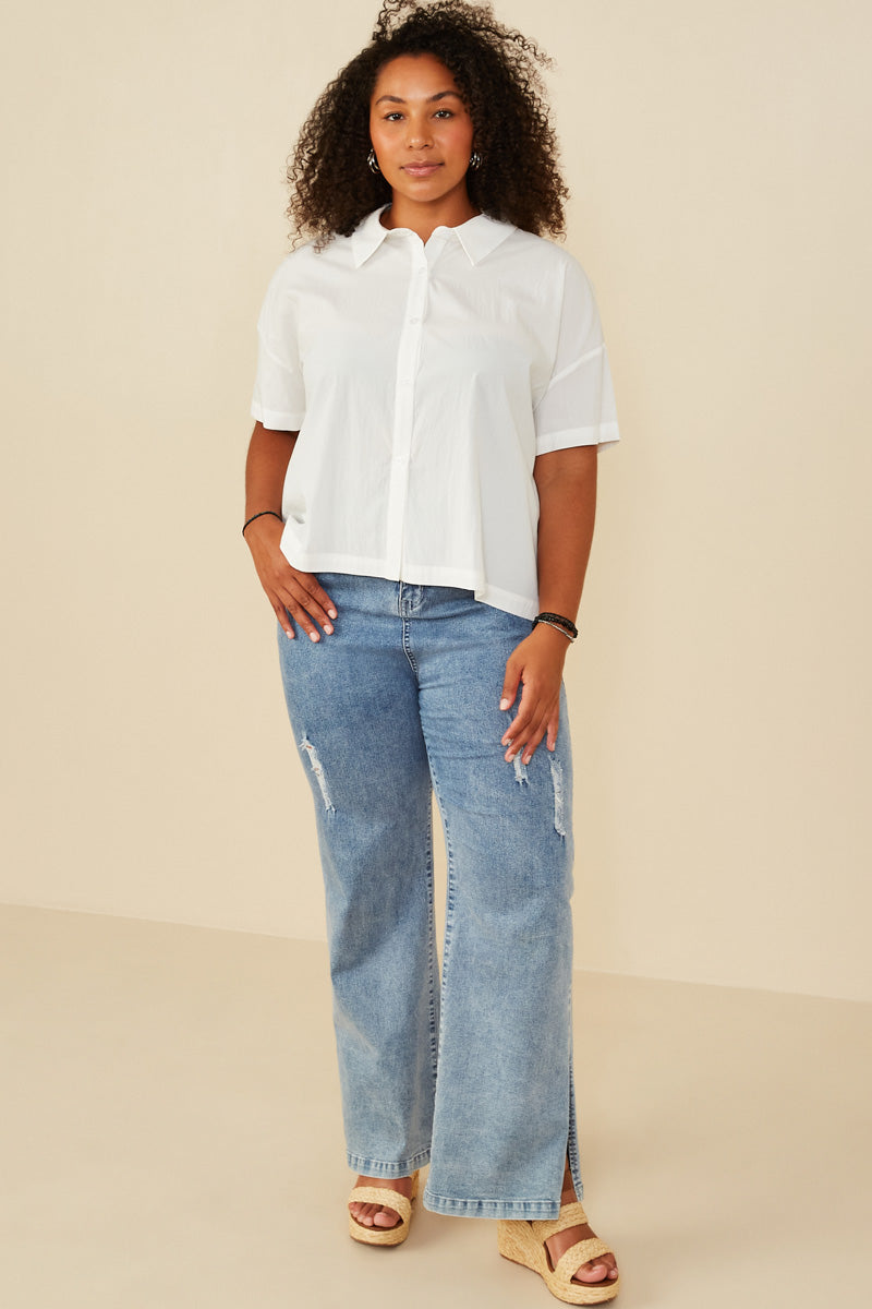 HY8304 Off White Womens Textured Boxy Fit Cropped Button Up Shirt Back