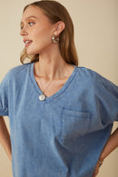 HY8312 Red Womens Garment Washed V Neck Elastic Sleeve T Shirt Gif