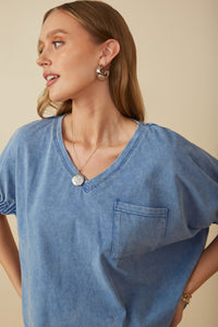 HY8312 Red Womens Garment Washed V Neck Elastic Sleeve T Shirt Gif