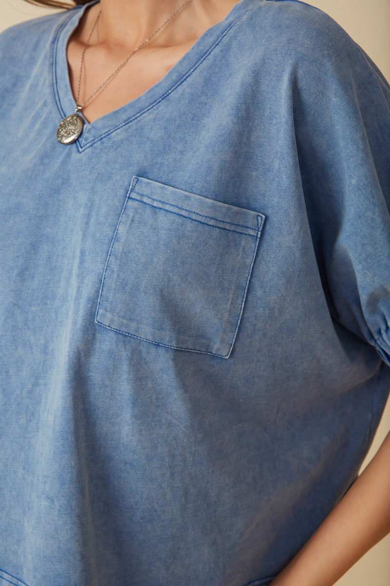 HY8312W Red Plus Garment Washed V Neck Elastic Sleeve T Shirt Gif