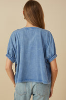 HY8312 Blue Womens Garment Washed V Neck Elastic Sleeve T Shirt Front