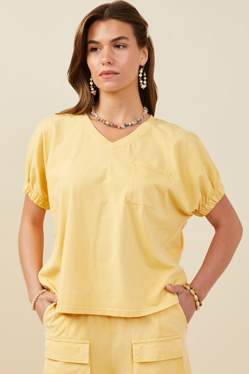Garment Washed V Neck Elastic Sleeve T Shirt