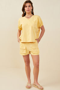 HY8312W Pink Plus Garment Washed V Neck Elastic Sleeve T Shirt Front