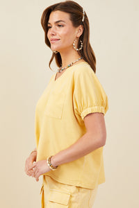 HY8312 Pink Womens Garment Washed V Neck Elastic Sleeve T Shirt Gif