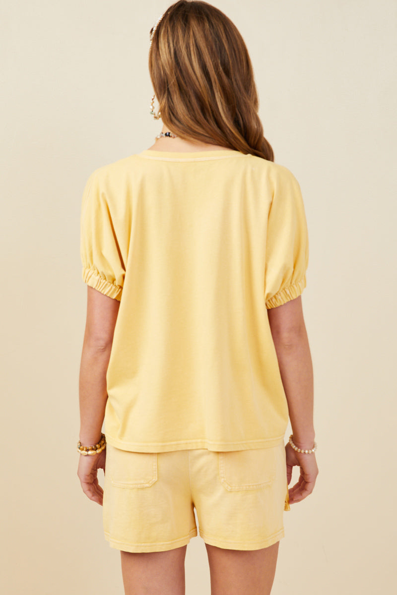 HY8312W Pink Plus Garment Washed V Neck Elastic Sleeve T Shirt Gif