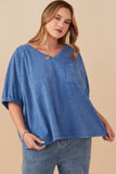HY8312W Red Plus Garment Washed V Neck Elastic Sleeve T Shirt Front