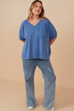 HY8312W Blue Plus Garment Washed V Neck Elastic Sleeve T Shirt Front