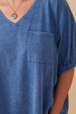 HY8312 Blue Womens Garment Washed V Neck Elastic Sleeve T Shirt Gif