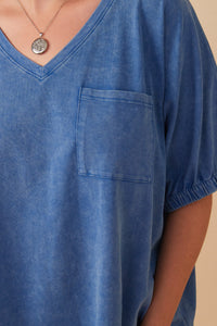 HY8312 Blue Womens Garment Washed V Neck Elastic Sleeve T Shirt Gif