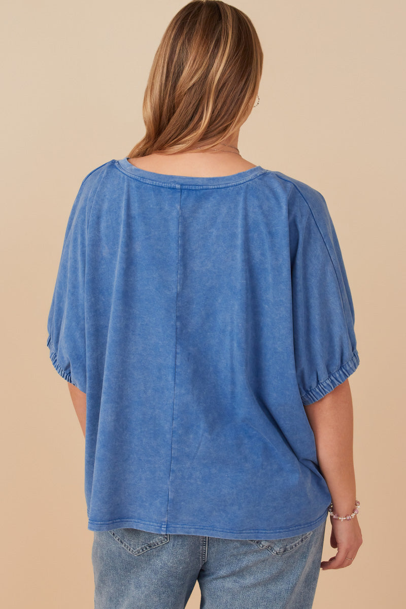 HY8312W Blue Plus Garment Washed V Neck Elastic Sleeve T Shirt Gif