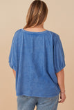HY8312W Blue Plus Garment Washed V Neck Elastic Sleeve T Shirt Back