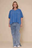 HY8312W Blue Plus Garment Washed V Neck Elastic Sleeve T Shirt Gif