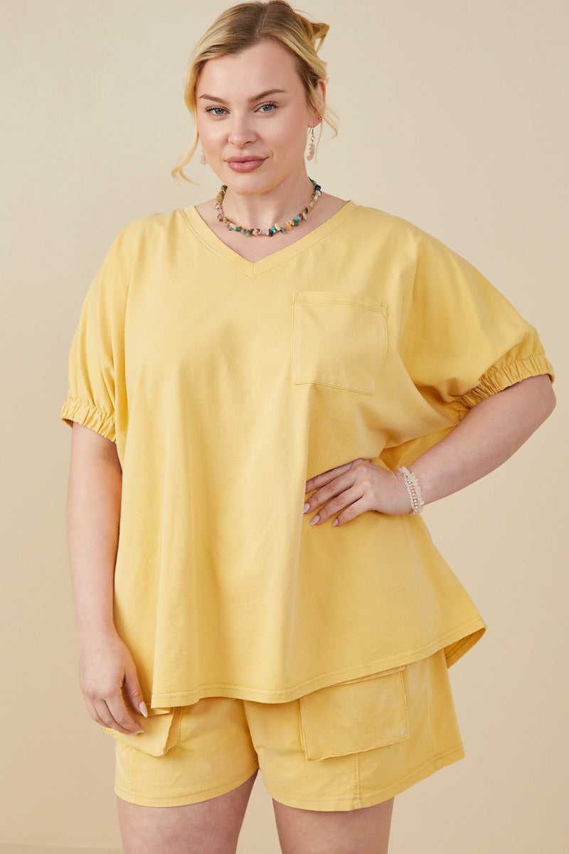 HY8312 Yellow Womens Garment Washed V Neck Elastic Sleeve T Shirt Front