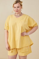 HY8312 Yellow Womens Garment Washed V Neck Elastic Sleeve T Shirt Front