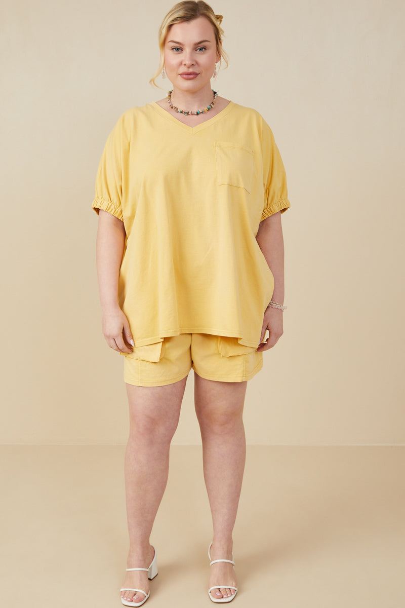 HY8312W Yellow Plus Garment Washed V Neck Elastic Sleeve T Shirt Front
