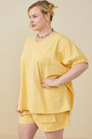 HY8312 Yellow Womens Garment Washed V Neck Elastic Sleeve T Shirt Gif